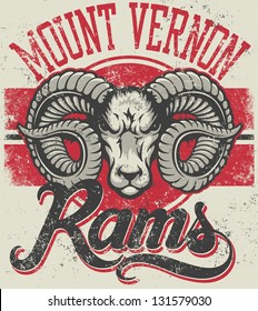 Retro "Rams" athletic design complete with ram mascot head vector illustration, vintage athletic fonts and matching textures (all on separate layers, of course).