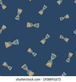 Retro random seamless pattern with orange hourglass elements. Navy blue background. Decorative print. Designed for fabric design, textile print, wrapping, cover. Vector illustration.