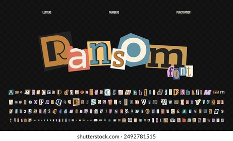 Retro Ransom Note Fonts. Vintage clippings of anonymous letters, numbers, punctuation marks from magazines. Alphabet for grunge design. Collage cutout scrapbook typeface design in a pop art style.