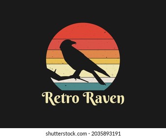 Retro raven crow bird sunset illustration with distressed style. vector design