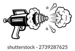 Retro ray gun emitting smoke and energy blasts in comic book style raygun science