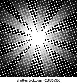 Retro rays comic black white background. Gradient halftone pop art style