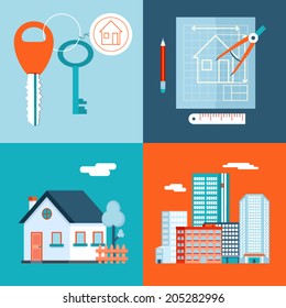 Retro Real Estate Symbols Private House Construction Plan Keys Set City Apartment Icons Trendy Modern Flat Design Template Vector Illustration