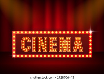 Retro realistic ad banner with cinema light on yellow background. Number font. 3d vector. Realistic vector. Light banner.