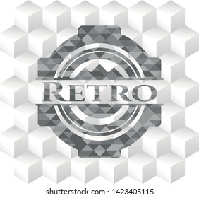 Retro realistic grey emblem with cube white background