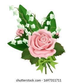 Retro-realistische handgezeichnete Vektorillustration-Lilie des Talbuquets mit grüner Schleife, rosafarbene Rosenblume, weiße Blütenhochzeit, dekorative, elegante Pflanze, Einladungsgrafik