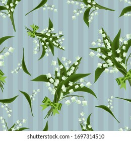 Retro realistic hand drawn vector lily of the valley bouquet with green bow seamless striped background, white flowers wedding elements, decorative elegant plants, wallpaper