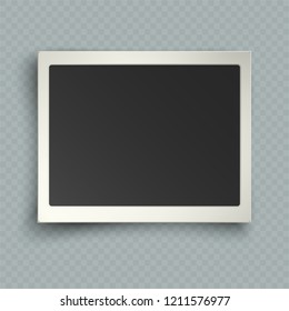 Retro realistic horizontal blank instant photo frame with shadow effects white plastic border isolated on transparent background. Template photo design, vector illustration