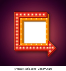 Retro realistic light background. Vector 3D design element square frame with arrow glowing with lamps. Blank light backdrop for your text, Advertising, Promotions.