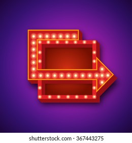 Retro realistic light background. Vector 3D design element square frame with arrow glowing with lamps. Blank light backdrop for your text, Advertising, Promotions.