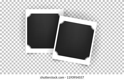 Retro realistic photo frame. Blank instant photo card with shadow effect white border isolated on transparent background. Template Retro frame with two frames photo design, vector illustration