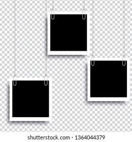 Retro realistic photo frame with paper clip isolated on transparent background for template photo design. vector illustration 