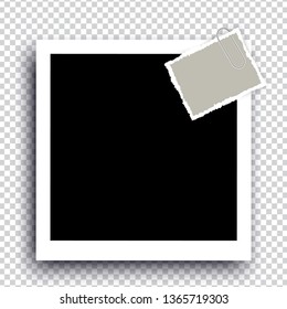 Retro realistic photo frame with paper clip isolated on transparent background for template photo design. vector illustration 