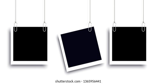 Retro realistic photo frame with paper clip isolated on transparent background for template photo design. vector illustration 