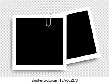 Retro realistic photo frame with paper clip isolated on transparent background for template photo design. vector illustration 