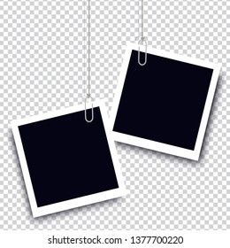 Retro realistic photo frame with paper clip isolated on transparent background for template photo design. vector illustration 