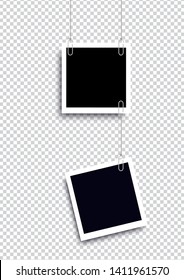 Retro realistic photo frame with paper clip isolated on transparent background for template photo design. vector illustration 