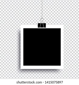 Retro realistic photo frame with paper clip isolated on transparent background for template photo design. vector illustration 