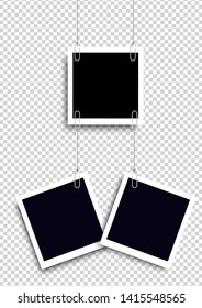 Retro realistic photo frame with paper clip isolated on transparent background for template photo design. vector illustration 