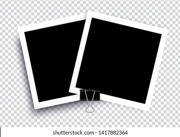 Retro realistic photo frame with paper clip isolated on transparent background for template photo design. vector illustration 
