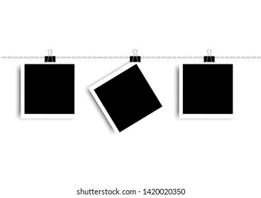 Retro realistic photo frame with paper clip isolated on white background for template photo design. vector illustration 
