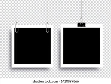 Retro realistic photo frame with paper clip isolated on transparent background for template photo design. vector illustration 