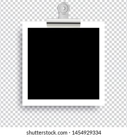 Retro realistic photo frame with paper clip isolated on transparent background for template photo design. vector illustration 