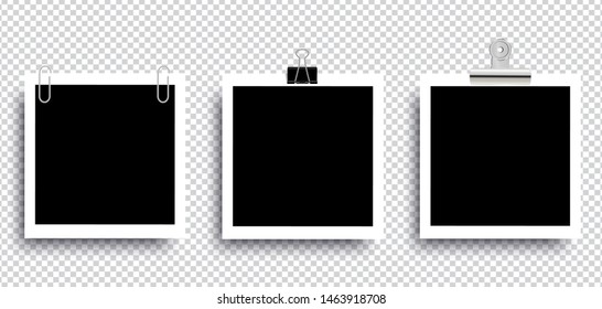 Retro realistic photo frame with paper clip isolated on transparent background for template photo design. vector illustration 