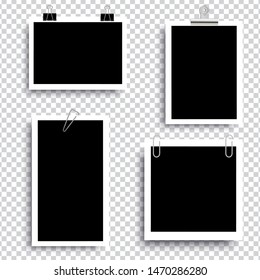 Retro realistic photo frame with paper clip isolated on transparent background for template photo design. vector illustration 