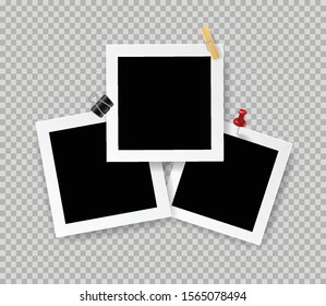 Retro realistic photo frame with paper clip isolated on transparent background