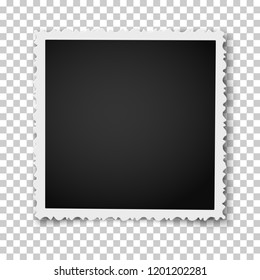 Retro realistic square photo frame with figured edges placed on transparent background. Vector template photo mockup.