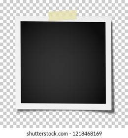 Retro realistic square photo frame with straight edges on a piece of sticky, adhesive tape placed on transparent background. Vector template photo design.