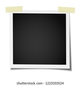Retro realistic square photo frame with straight edges on two pieces of sticky, adhesive tape placed on white background. Vector template photo design.