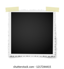 Retro realistic square vector photo frame with figured edges on two pieces of sticky, adhesive tape placed on white background. Template photo design.