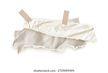 Retro realistisch zerrissene Zeitung Note Vektor. Tattered Stück Textur verfügt über zerknitterten Rip, klebrige Klebeband für alte Memo-Collage-Designs. Pappverblasste Struktur