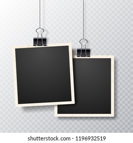 Fotograma retro realista de foto vectorial sobre fondo transparente. Fotografía vectorial realista con bordes rectos en cinta adhesiva colocada verticalmente. Marcos de imagen con sombra colgando con clip de papel
