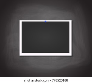 Retro realistic vector photo frame placed on blackboard background. Template photo design. Retro photo frame with shadow on blue pin isolated on a white background. Photorealistic Vector.