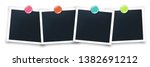 retro realistic white square photo frame set mockup. Pinned with colorful glossy magnet pin on the wall borders composition. Vintage photography family album collage. Easy editable 