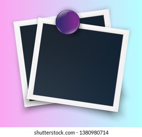 retro realistic white square photo frame set mockup. Pinned with colorful glossy magnet pin on the wall borders composition. Vintage photography family album collage. 