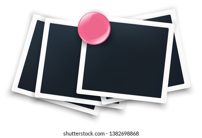 Retro realistic white square photo frame set mockup. Pinned with colorful glossy magnet pin on the wall borders composition. Vintage photography family album collage. Easy editable 