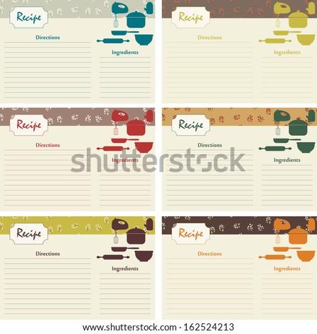 Retro recipe cards. 6 vector illustrations