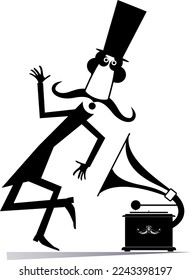 Retro record player. Dancing man in the top hat.
Cartoon long mustache dancer in the top hat. Retro record player. Black on white illustration

