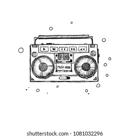 Retro record player. Doodle style modern original illustration. Drawn by hand old school boombox.