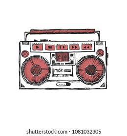 Retro record player. Doodle style modern original illustration. Drawn by hand old school boombox.