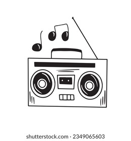 Retro record player. Doodle style modern original illustration. Drawn by hand old school boombox.