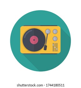Ilustración plana del reproductor de registros retro. Grabar el icono del círculo del jugador con una sombra larga. Vector.