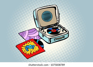 Retro record player, gramophone. Pop vinyl. Comic cartoon pop art retro illustration vector drawing
