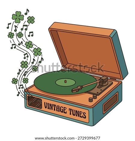 Retro record player with green vinyl, music notes, shamrocks, festive, vintage tunes, old-fashioned, lucky
