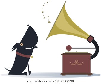 Retro record player. Howling or singing dog. 
Dog listening a retro record player and singing or howling. Isolated on white background
