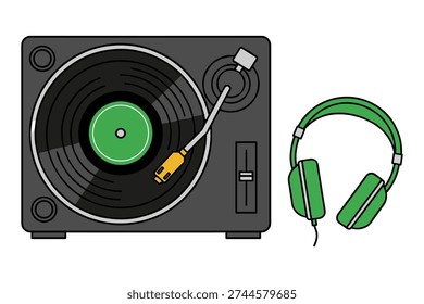 Retro record player with vinyl disc and green headphones, dj equipment, vintage sound.